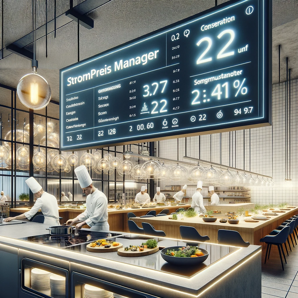 Photo of a modern hotel kitchen with chefs working, lit by energy-efficient LED lights, with a transparent screen displaying real-time energy consumption and costs using Stromfee Strompreismanager.