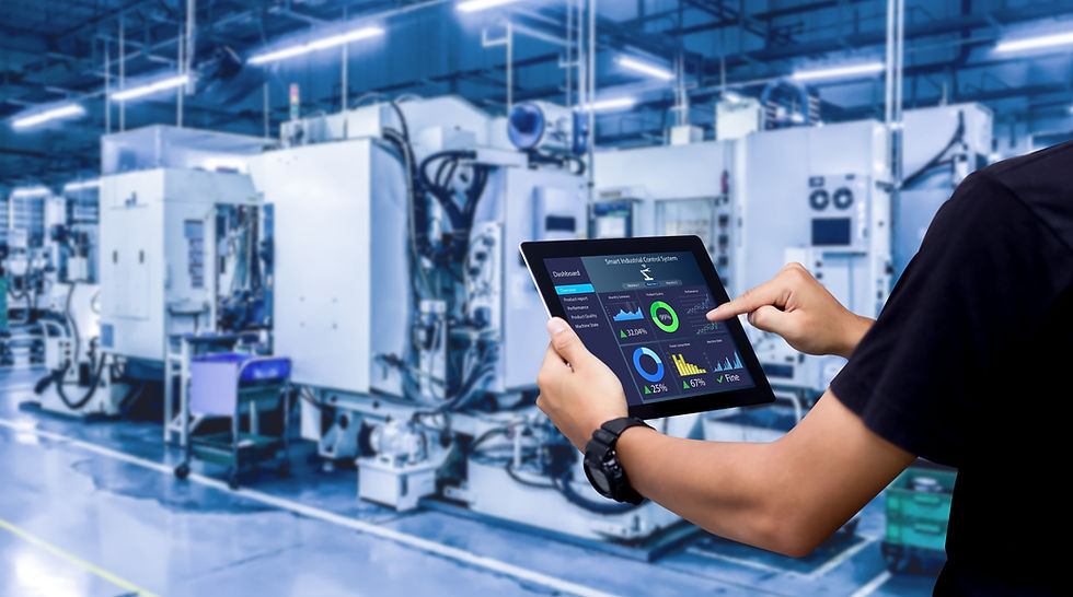 Smart industry control concept.Hands holding tablet on blurred automation machine as backg
