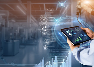 Smart industry control concept.Manager Engineer Hands holding tablet on blurred automation