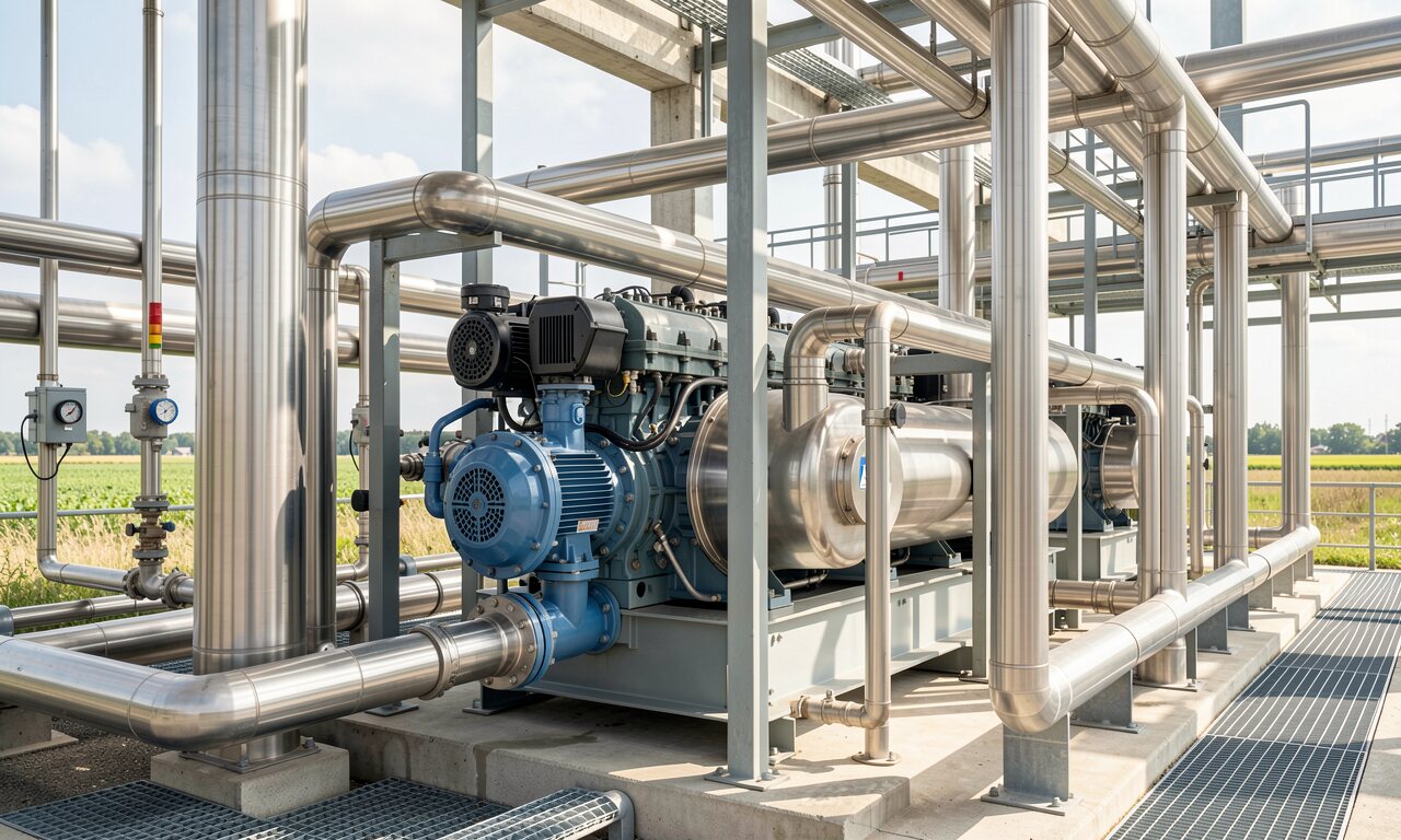 Biogasanlage mit BHKW-Container und Fermentern im Abendlicht — bedarfsgerechte Stromeinspeisung