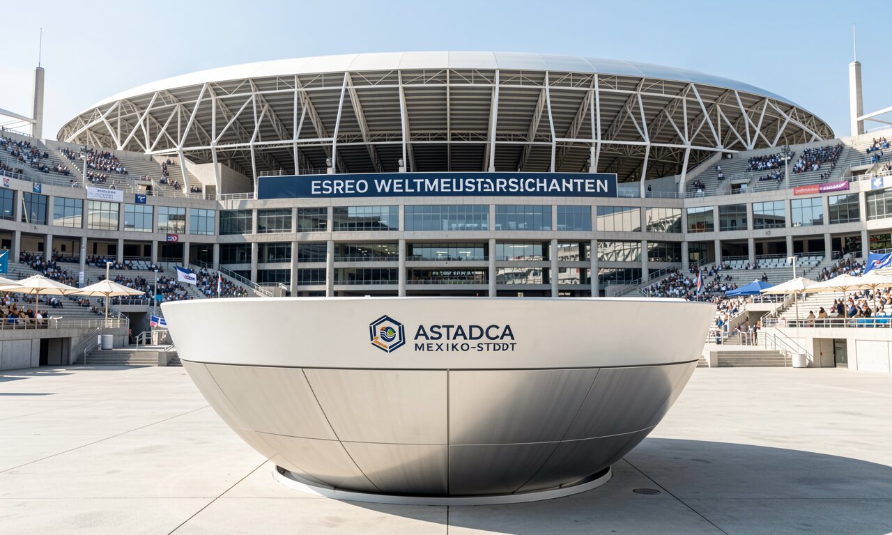Estadio Azteca bei Nacht — offene Betonschüssel auf 2.200 m Höhe, Flutlicht erleuchtet den Rasen, Mexiko-Stadt im Hintergrund — KI-Illustration