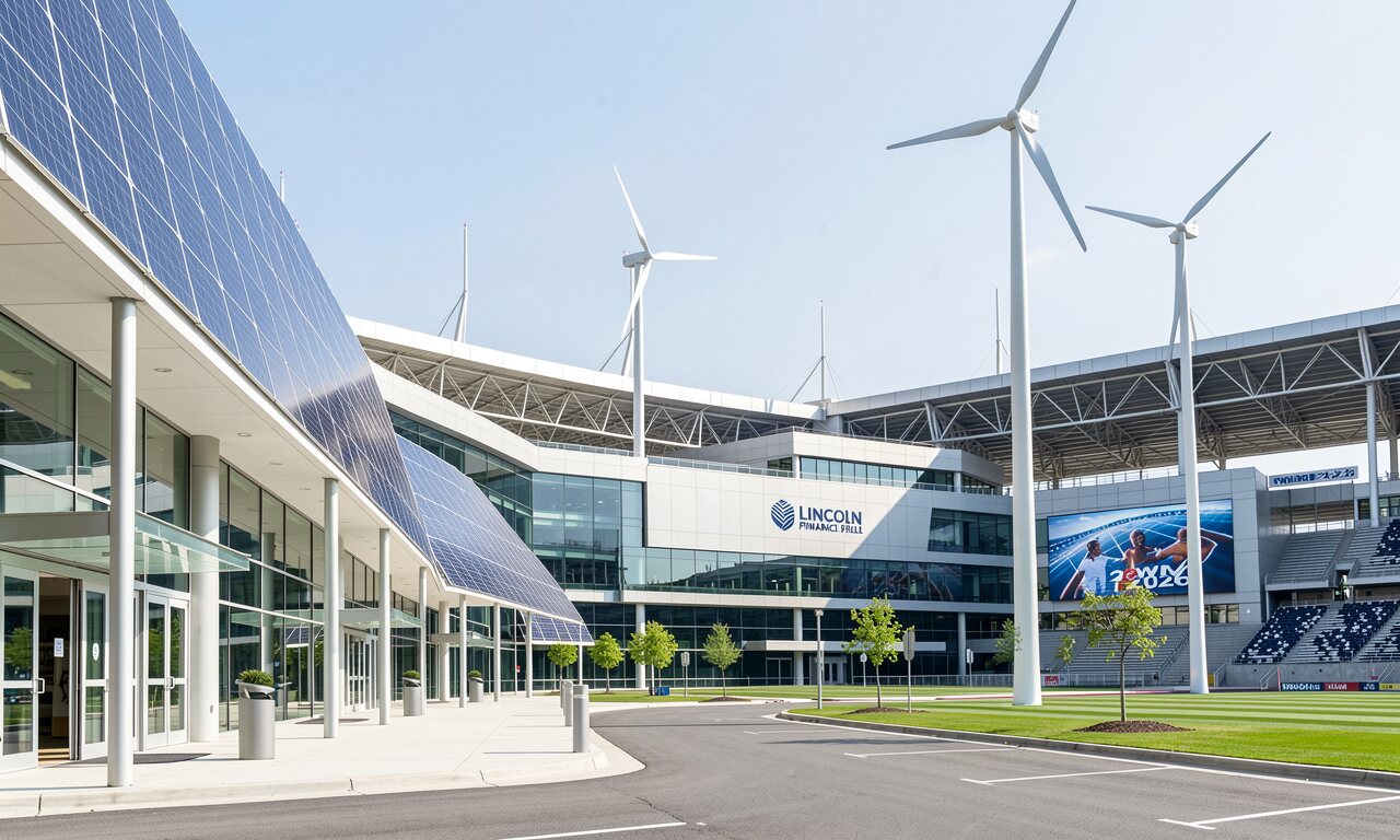 Lincoln Financial Field Philadelphia bei Flutlicht — Konzept-Illustration mit sichtbaren Solarmodulen an Fassade und Parkplatz