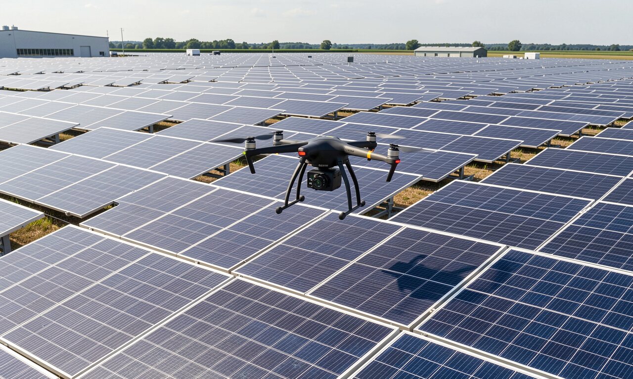 Drohne mit Wärmebildkamera überfliegt eine große Photovoltaik-Anlage bei klarem Himmel
