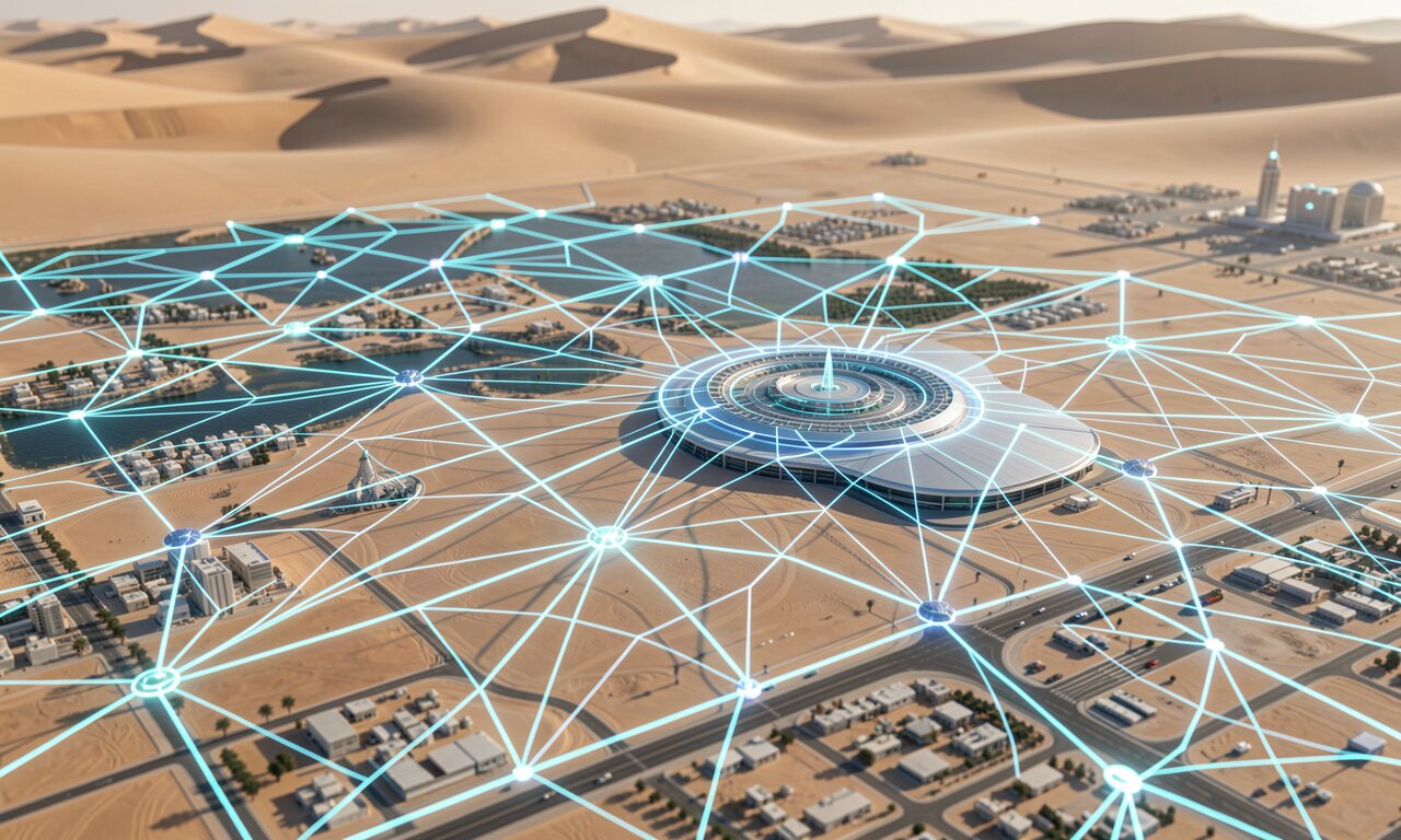 Stargate UAE Campus Abu Dhabi – Konzept-Illustration eines gigantischen KI-Rechenzentrums in der Wüste