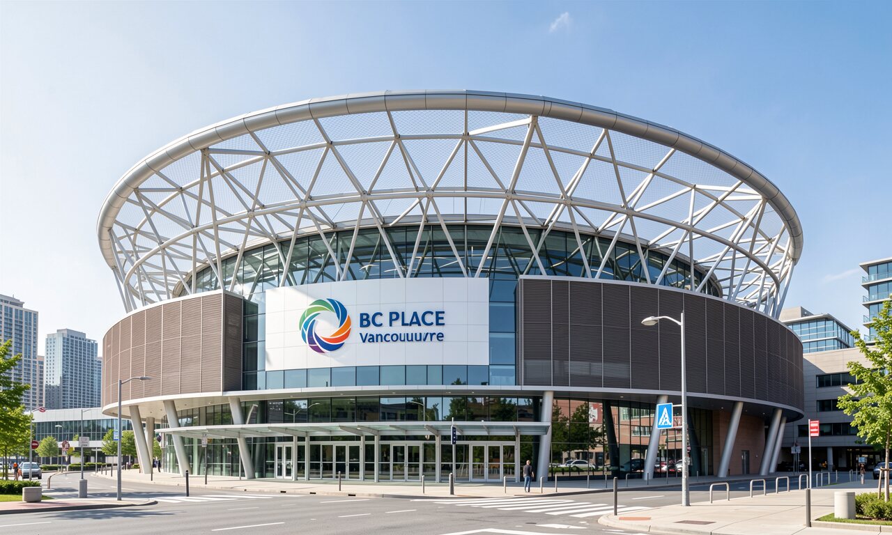 BC Place Vancouver bei Abenddämmerung — markantes weißes einziehbares Membrandach leuchtet über der Skyline — KI-Illustration