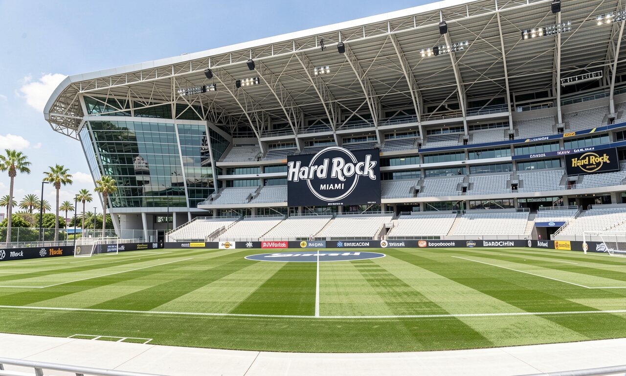 Hard Rock Stadium Miami Gardens bei Abenddämmerung mit markanter Baldachin-Dachkonstruktion und Flutlicht — KI-Illustration