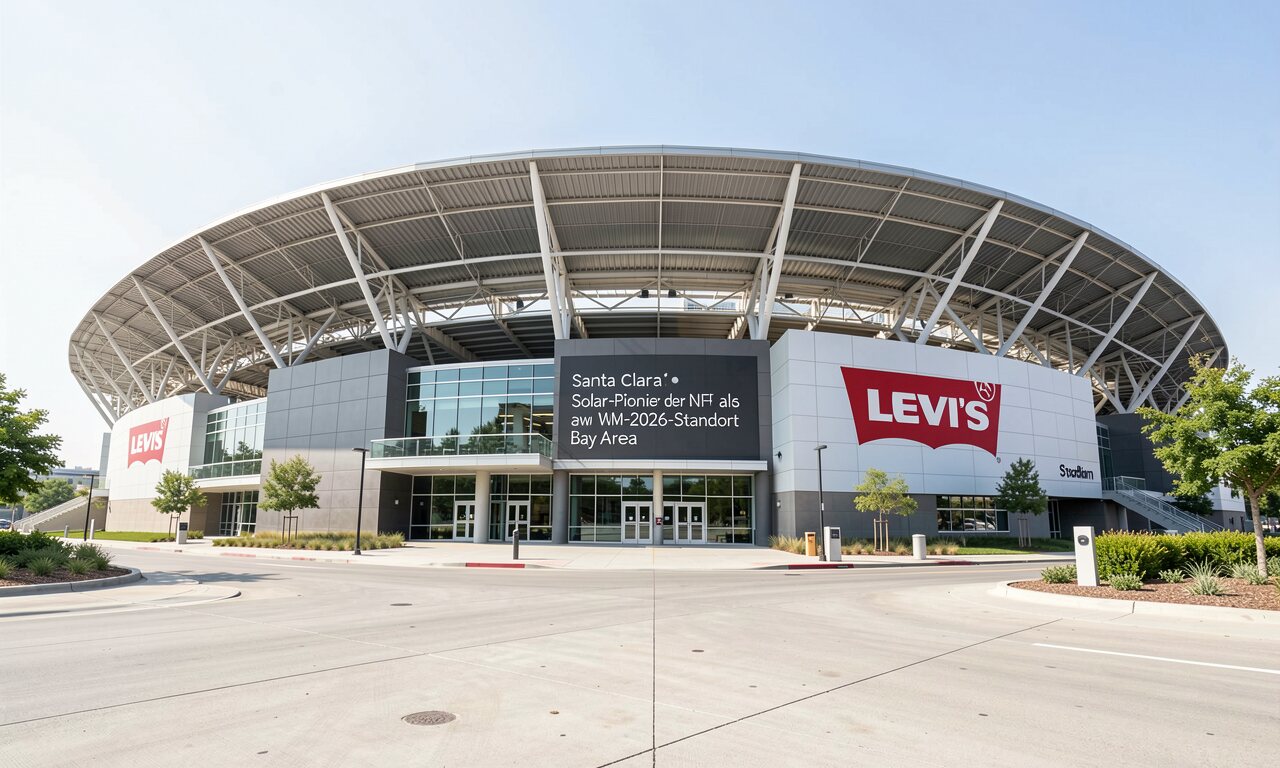 Levi's Stadium in Santa Clara aus der Vogelperspektive mit Solarmodulen auf dem Suite-Tower und begrüntem Dach — KI-Illustration