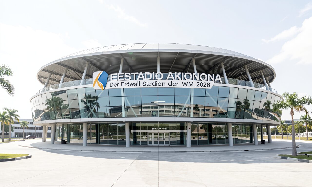 Estadio Akron in Zapopan von außen — begrünter Erdwall mit ringförmigem Stadiondach, Abendstimmung — KI-Illustration