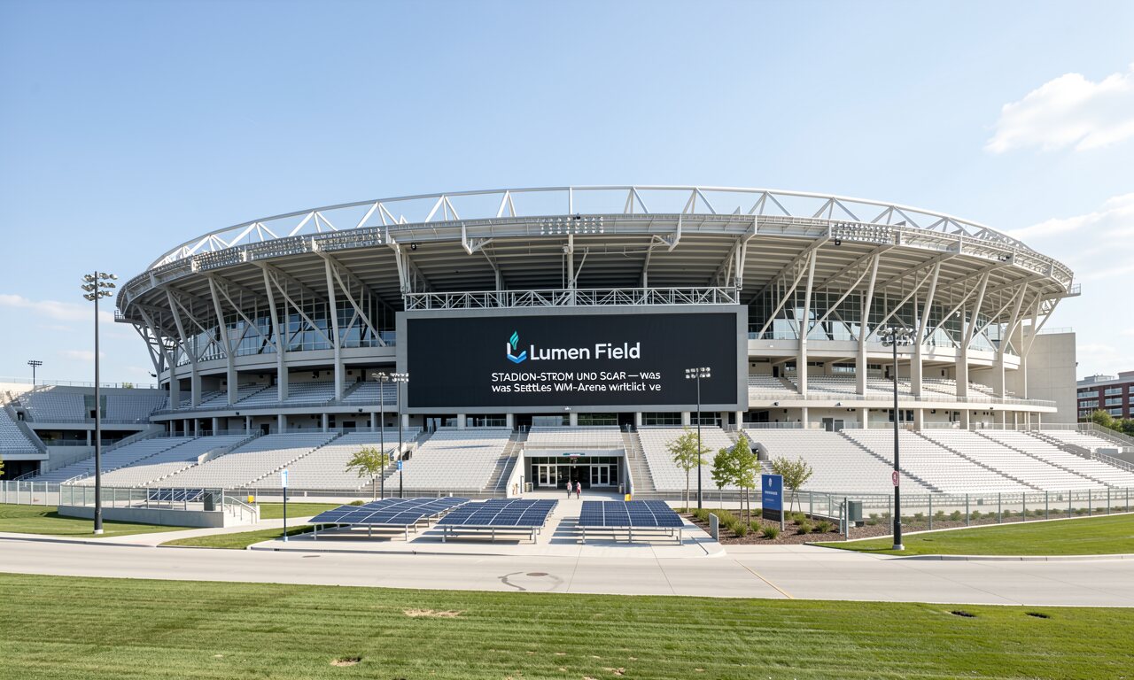 Lumen Field in Seattle von oben — Flutlicht, Teilüberdachung und Solarmodule auf dem Event-Center-Dach — Illustration