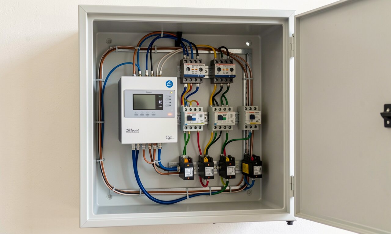 Zählerschrank mit mehreren Stromzählern und Messwandlern — Grundlage für virtuelle Zählpunkte