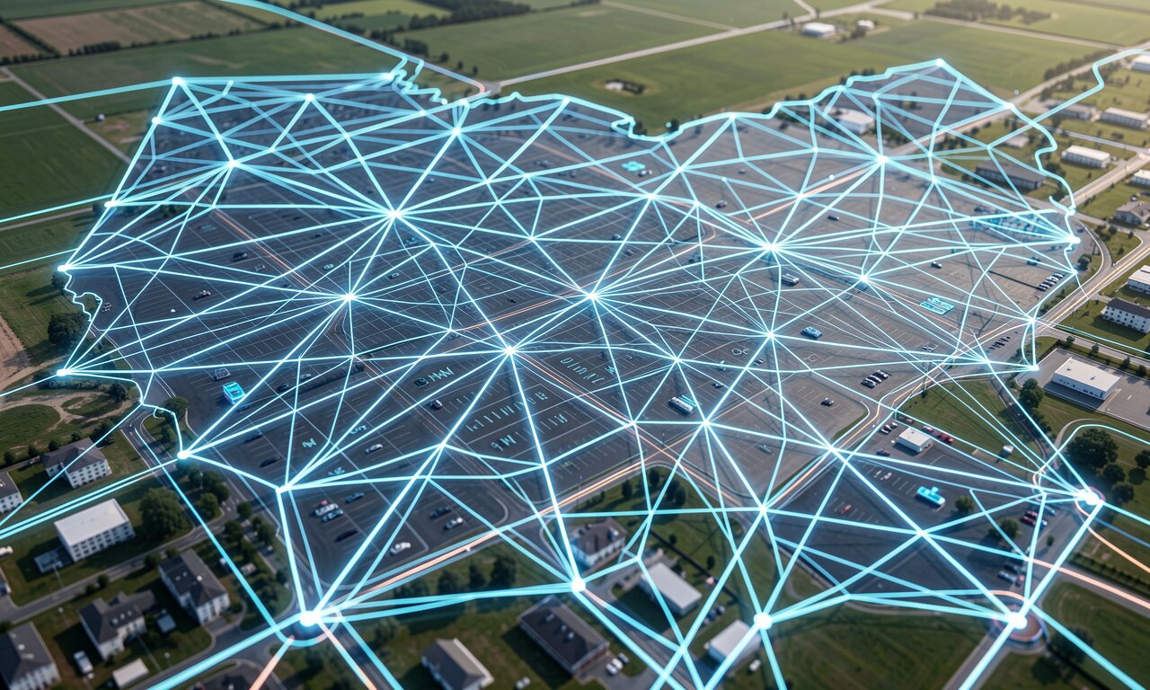 Google Ohio KI-Cluster — riesige Serverreihen mit TPU-Infrastruktur, Konzept-Illustration