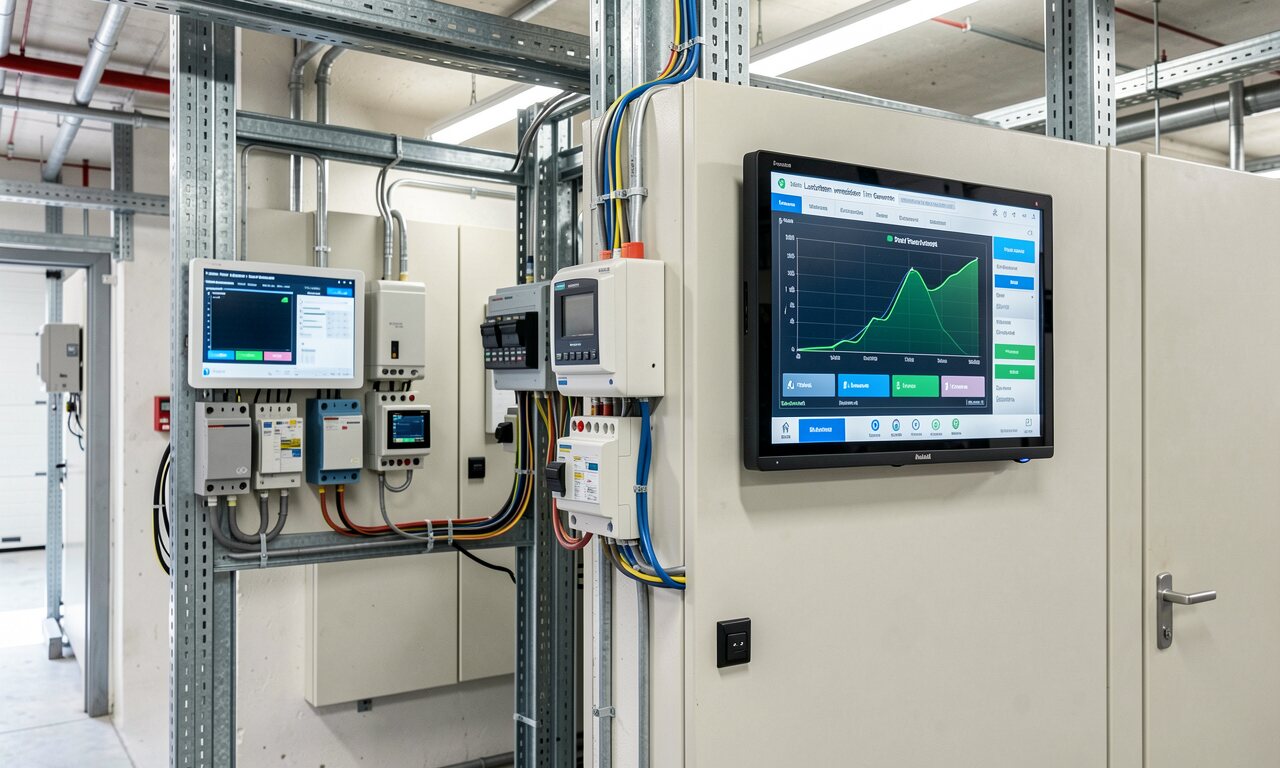 Energie-Dashboard mit Lastgang-Kurve und markierter Leistungsspitze im Gewerbebetrieb