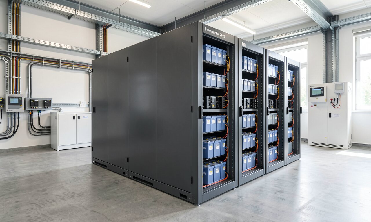 Wandmontierter Heim-Batteriespeicher neben Wechselrichter im Hausanschlussraum