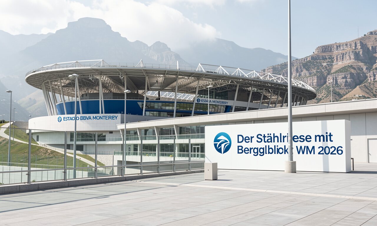 Estadio BBVA Monterrey bei Flutlicht — markantes Stahldach, im Hintergrund der Cerro de la Silla — KI-Illustration