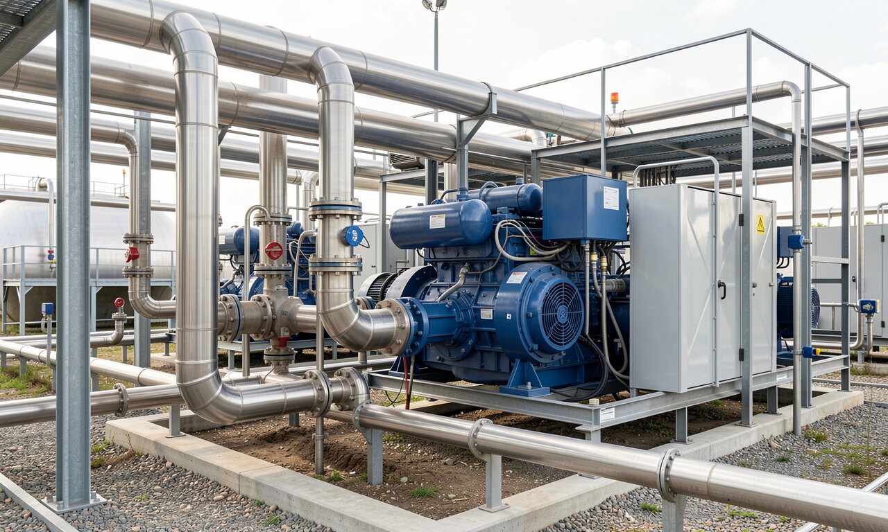 Biogasanlage mit grüner Kuppel, Fermenter und BHKW-Gebäude auf einem landwirtschaftlichen Hof