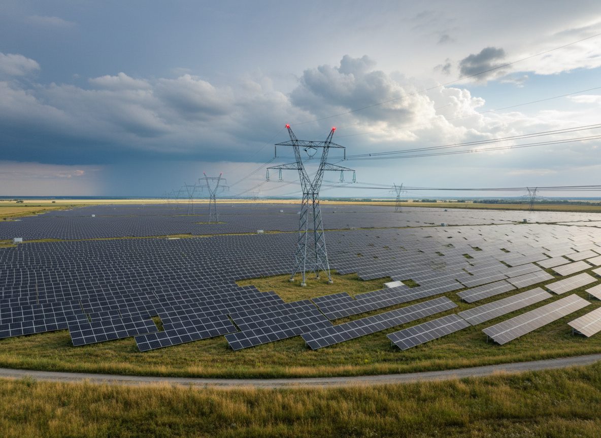 Großes PV-Feld in der Mittagssonne — Netzüberlastung führt zur Abregelung durch den Netzbetreiber