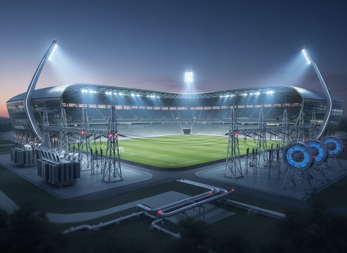 Gillette Stadium Foxborough mit charakteristischem Leuchtturm und gewölbter Eintrittsbrücke bei Flutlicht — KI-Illustration