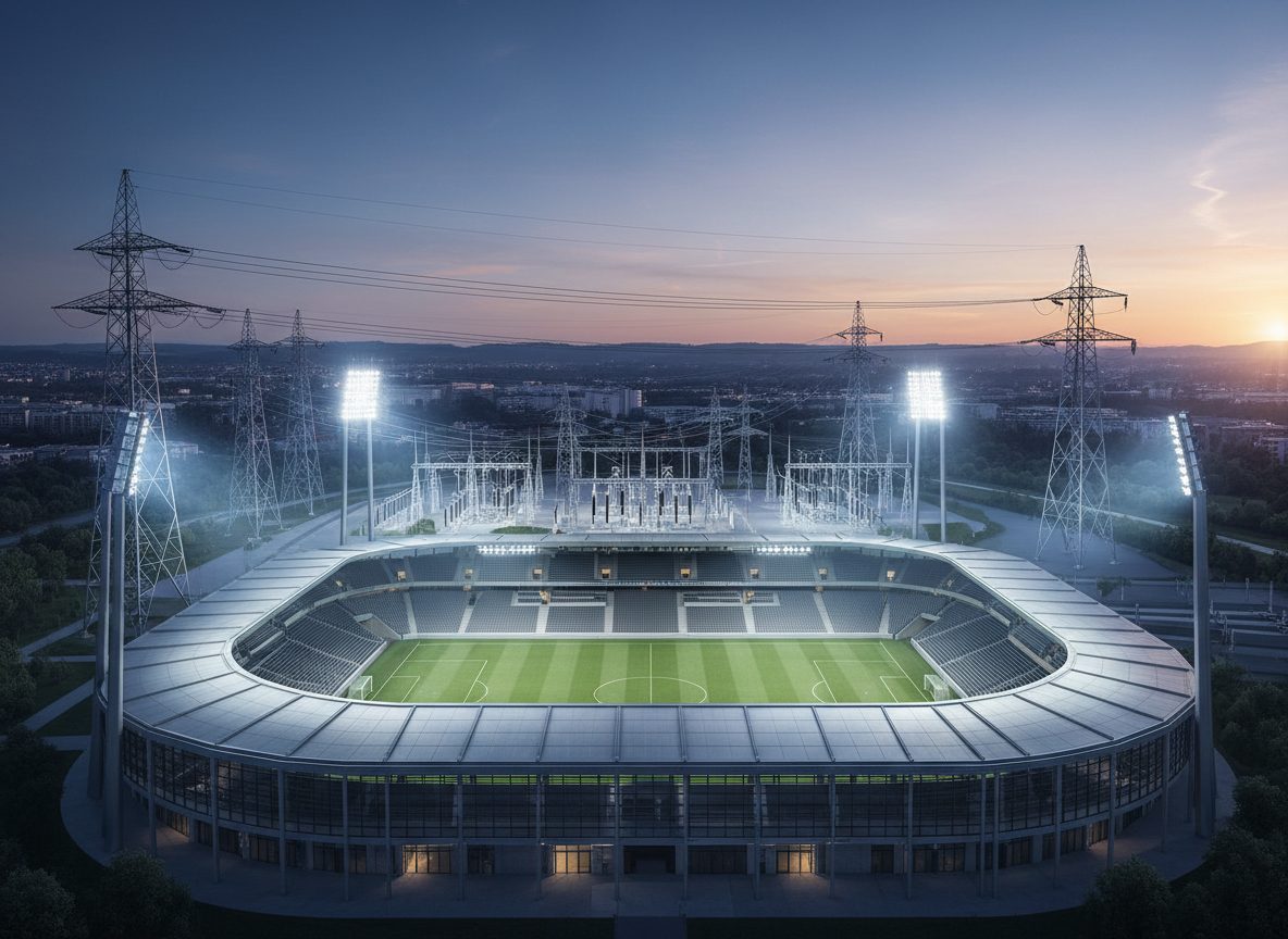 MetLife Stadium in East Rutherford bei Nacht mit leuchtendem Flutlicht und sichtbarem Solar-Ring am Dach — Konzept-Illustration