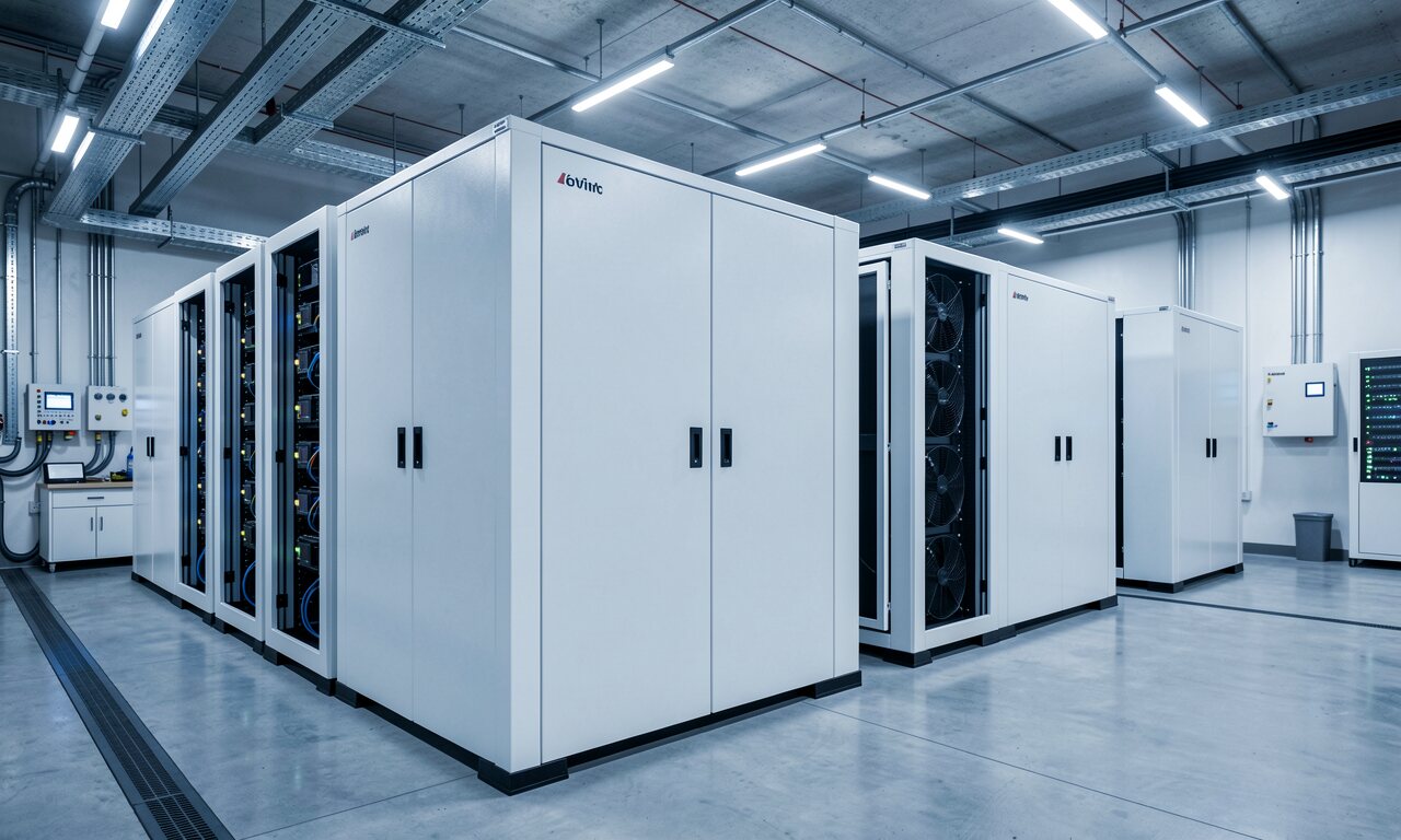 Gewerblicher Batteriespeicher mit weißen Batterieschränken