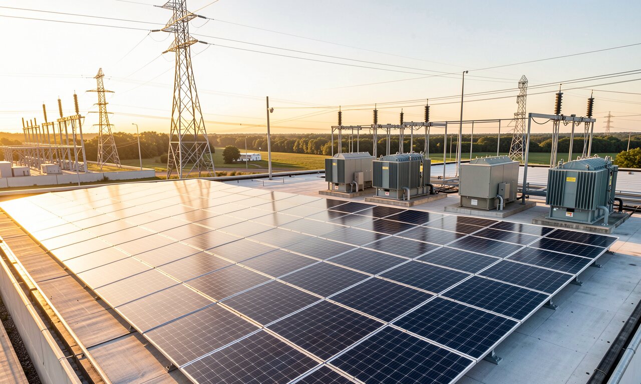 Großes PV-Dach neben einem Umspannwerk