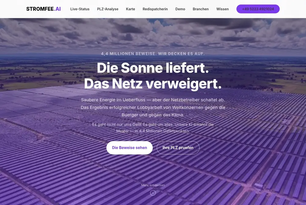 Startseite Redispatch-Portal — die Sonne liefert, das Netz verweigert, 4,4 Millionen Beweise